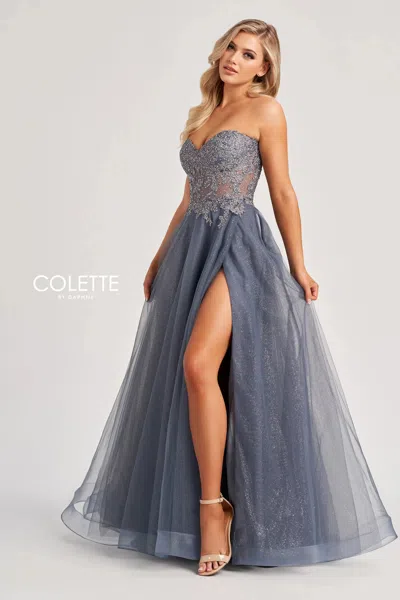 Colette By Daphne Cl8110 A Line Long Formal Slit Prom Dress In Gray