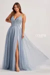 Colette By Daphne Cl8190 Beaded Long A Line Formal Prom Dress In Blue