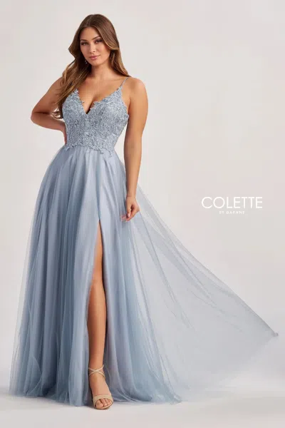 Colette By Daphne Cl8190 Beaded Long A Line Formal Prom Dress In Blue