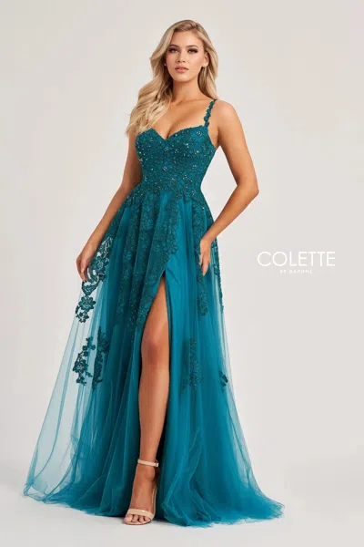 Colette By Daphne Cl8220 Long Beaded A Line Slit Formal Prom Dress In Green