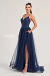 Colette By Daphne Cl8320 A Line Lace Long Formal Prom Dress In Blue