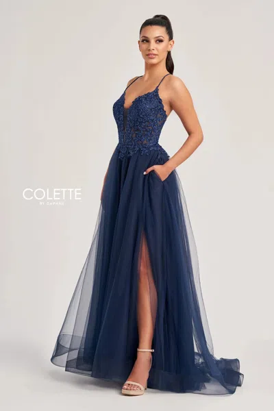 Colette By Daphne Cl8320 A Line Lace Long Formal Prom Dress In Blue