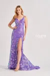 Colette By Daphne Cl8430 Long Fit Sequin Formal Slit Prom Dress In Purple