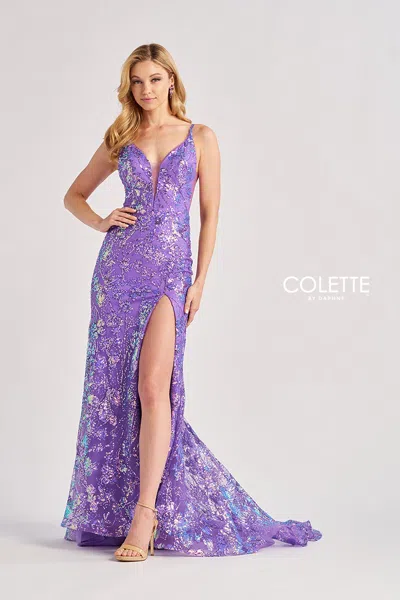 Colette By Daphne Cl8430 Long Fit Sequin Formal Slit Prom Dress In Purple