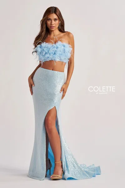 Colette By Daphne Cl8450 Long Feather Sequin Formal Mermaid Prom Dress In Blue