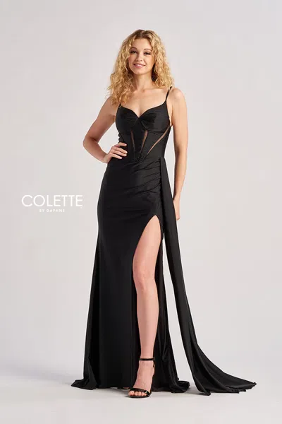 Colette By Daphne Cl8480 Long Mermaid Formal Slit Ruched Prom Dress In Black