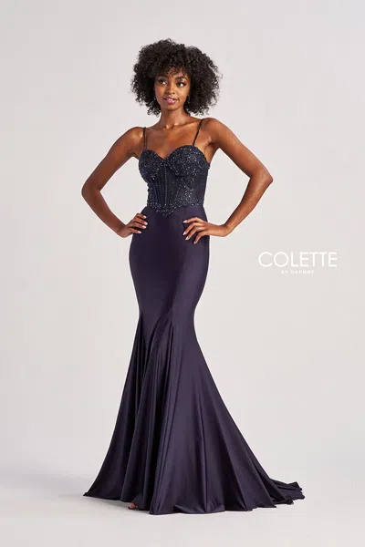 Colette By Daphne Cl8515 Long Mermaid Formal Beaded Prom Dress In Blue