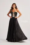 Colette By Daphne Cl8520 Long Formal Pleated A Line Metallic Prom Dress In Black