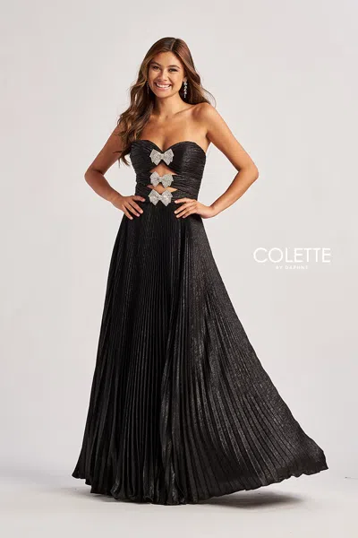 Colette By Daphne Cl8520 Long Formal Pleated A Line Metallic Prom Dress In Black
