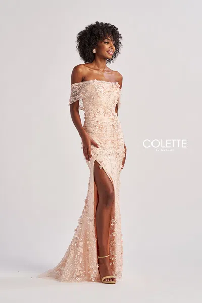 Colette By Daphne Cl8530 Long Formal Beaded Floral Applique Prom Dress In Pink