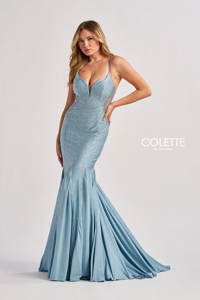 Colette By Daphne Cl8550 Long Mermaid Fit Formal Beaded Prom Dress In Blue