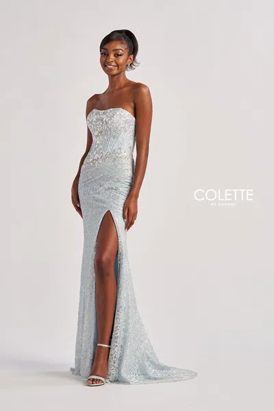 Colette By Daphne Cl8595 Mermaid Long Formal Metallic Lace Prom Dress In Blue