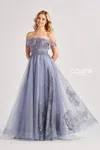 Colette By Daphne Cl8640 Glitter Long Formal A Line Prom Dress In Blue