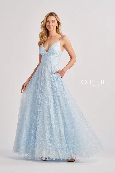 Colette By Daphne Cl8650 A Line Long Formal Glitter Prom Dress In Blue