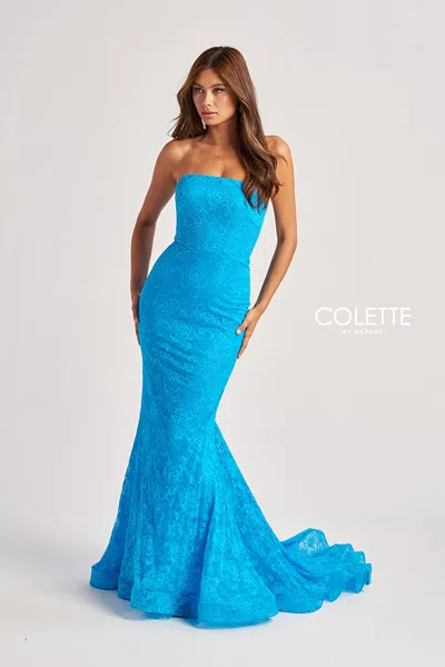 Colette By Daphne Cl8670 Long Formal Glitter Lace Mermaid Prom Dress In Blue