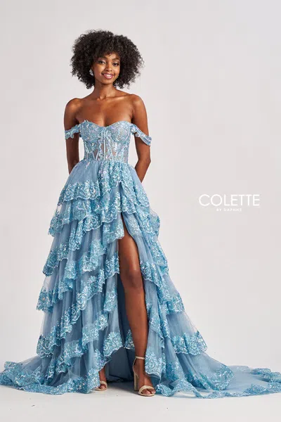 Colette By Daphne Cl8690 Long Formal A Line Tiered Prom Dress In Blue