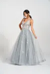 Colette By Daphne Colette Cl12213 Long Formal Applique Prom Dress In Silver