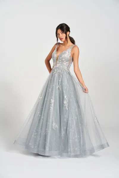 Colette By Daphne Colette Cl12213 Long Formal Applique Prom Dress In Silver