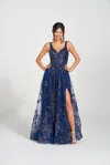 Colette By Daphne Colette Cl12215 Glitter Formal Sequin Prom Long Dress In Blue