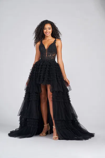 Colette By Daphne Colette Cl12281 Ruffle Formal High Low Prom Dress In Black