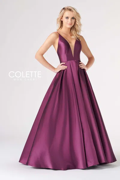 Colette By Daphne Colette Cl19827 Long Pleated Formal Prom Pockets Ball Gown In Purple