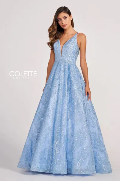 Colette By Daphne Colette Cl2014 Formal Glitter Long Prom Ball Gown In Blue