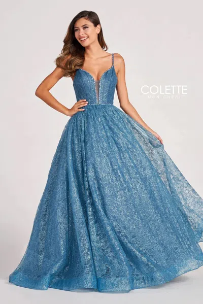 Colette By Daphne Colette Cl2018 Prom Long Glitter Formal Ball Gown In Blue