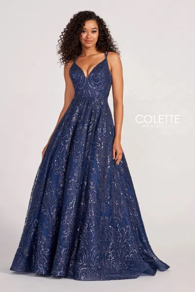 Colette By Daphne Colette Cl2030 Glitter Prom Long Formal Ball Gown In Blue