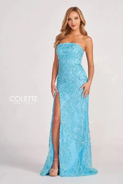 Colette By Daphne Colette Cl2046 Long Beaded Formal Prom Dress In Blue