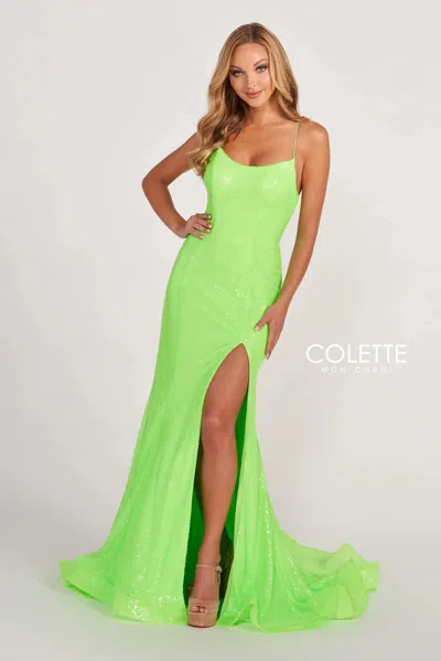 Colette By Daphne Colette Cl2060 Fitted Long Formal Sequin Prom Dress In Green