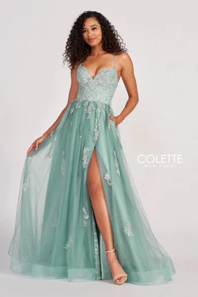 Colette By Daphne Colette Cl2062 Glitter Long Formal Applique Prom Dress In Green