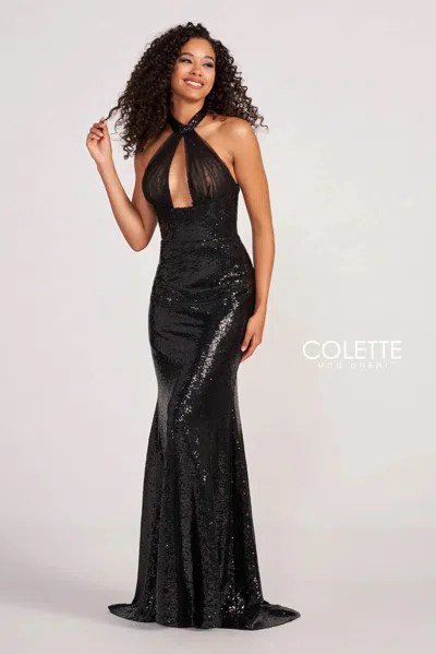 Colette By Daphne Colette Cl2066 Sequin Long Formal Halter Prom Dress In Black