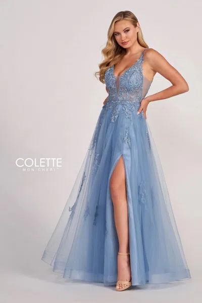 Colette By Daphne Colette Cl2074 Applique Long Prom Formal Dress In Blue