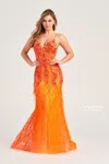 Colette By Daphne Colette Cl5103 Long Formal Beaded Prom Feather Dress In Orange