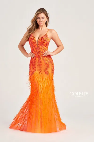 Colette By Daphne Colette Cl5103 Long Formal Beaded Prom Feather Dress In Orange