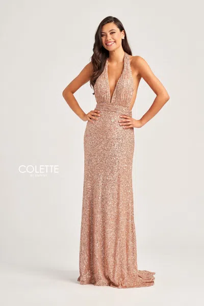 Colette By Daphne Colette Cl5115 Sequin Prom Long Halter Formal Dress In Gold