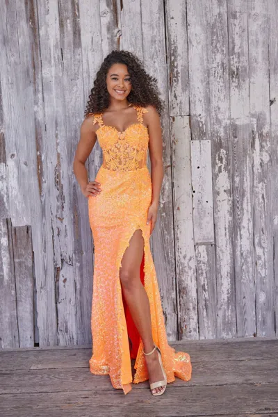 Colette By Daphne Colette Cl5133 Long Formal Sequin Prom Dress In Orange