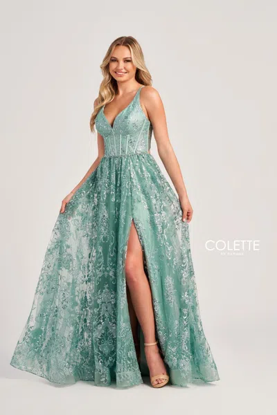 Colette By Daphne Colette Cl5134 Glitter Long Formal Prom Dress In Green