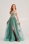 Colette By Daphne Colette Cl5143 Floral Applique Long Formal Glitter Prom Dress In Green