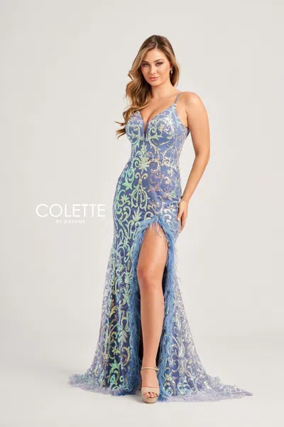 Colette By Daphne Colette Cl5155 Long Formal Sequin Prom Mermaid Dress In Blue
