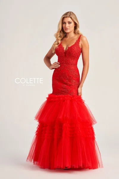 Colette By Daphne Colette Cl5162 Glitter Prom Long Applique Formal Trumpet Dress In Red