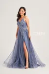 Colette By Daphne Colette Cl5197 Long Glitter Formal Applique Prom Dress In Blue