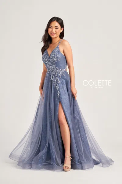 Colette By Daphne Colette Cl5197 Long Glitter Formal Applique Prom Dress In Blue