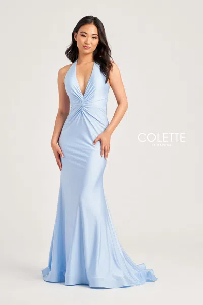 Colette By Daphne Colette Cl5199 Halter Long Formal Fitted Prom Dress In Blue