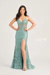 Colette By Daphne Colette Cl5203 Fitted Long Formal Sequin Glitter Prom Dress In Green