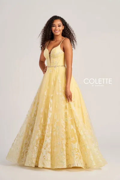 Colette By Daphne Colette Cl5233 Long Glitter Formal Prom Dress In Yellow