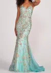 Colette By Daphne Embellished Sleeveless Prom Gown In Aqua/gold In Blue