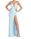 Colette By Daphne Plunging Neckline Illusion Back Dress In Sky Blue In Blue