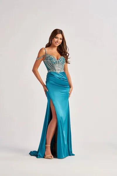 Colette By Daphne Satin Beaded Slit Gown In Turquoise In Blue