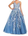 Colette By Daphne Sweetheart Neck Rhinestone Gown In Plat/dust Blue In Blue